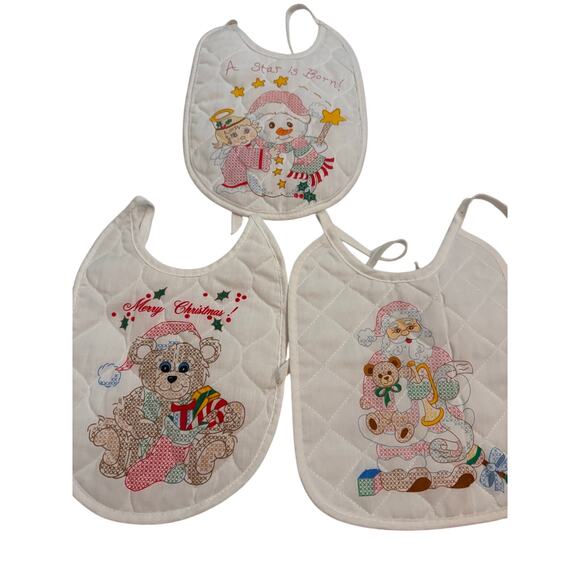 Set of 6 Vintage White Quilted Cross Stitch Look Baby Bibs Holiday Design Santa - Picture 6 of 6